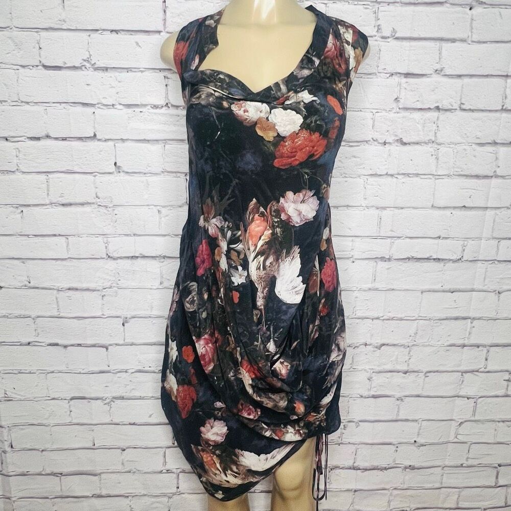 All Saints Angelica silk Womens Black Silk Floral Draped Sleeveless Dress Size 1